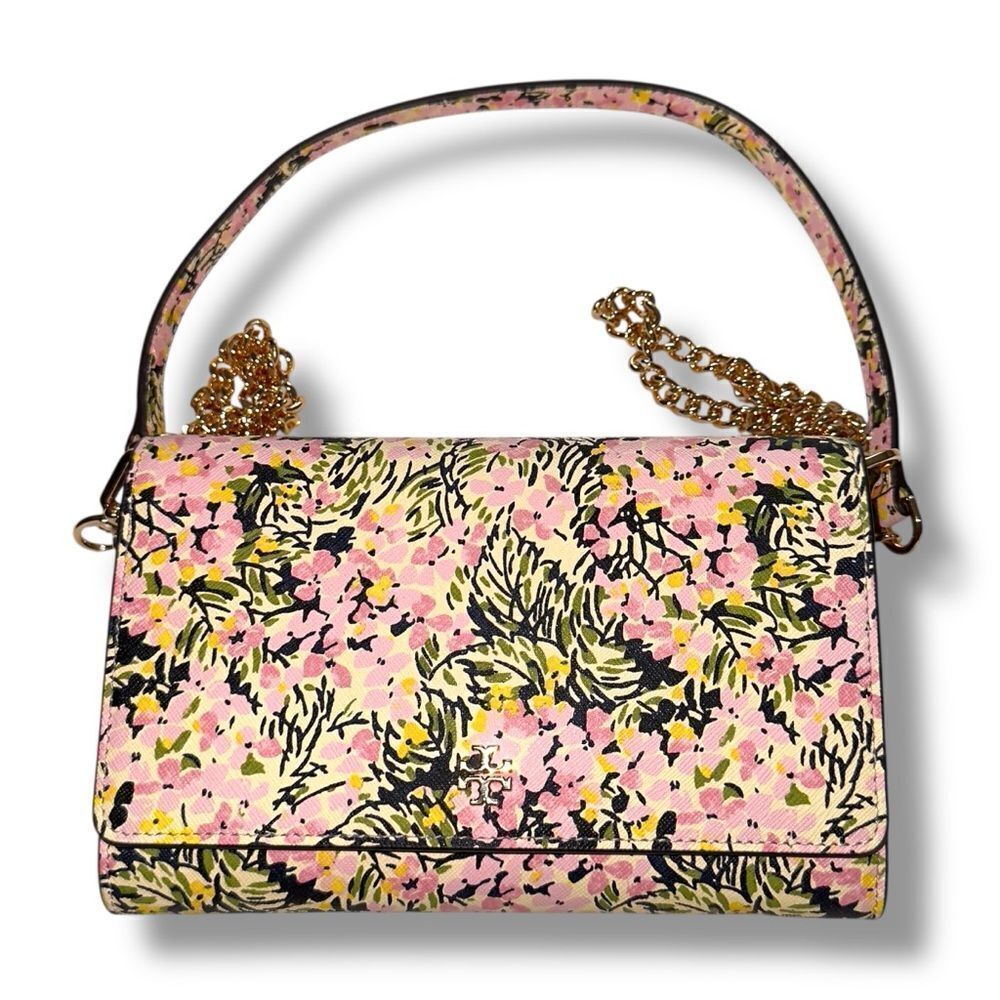 Tory Burch Beige Floral Print Leather Gemini Shoulder Bag